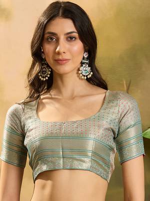 Women's sky organza zari woven saree with unstitched blouse piece 4