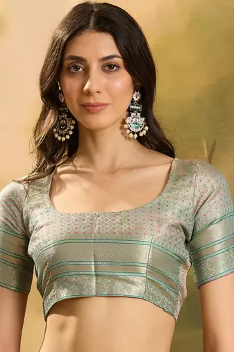 Women's sky organza zari woven saree with unstitched blouse piece