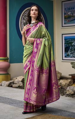 parrot green banarasi silk blend saree with unstitched blouse 2