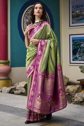 parrot green banarasi silk blend saree with unstitched blouse
