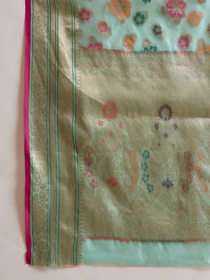 Women's sky organza zari woven saree with unstitched blouse piece 5