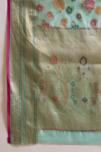 Women's sky organza zari woven saree with unstitched blouse piece