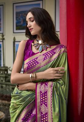parrot green banarasi silk blend saree with unstitched blouse 3