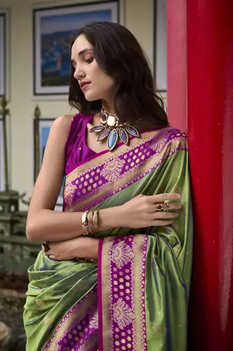 parrot green banarasi silk blend saree with unstitched blouse