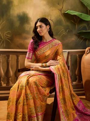 Women's mustard organza zari woven saree with unstitched blouse piece 1