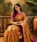 Women's mustard organza zari woven saree with unstitched blouse piece