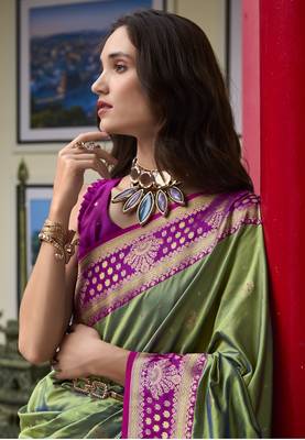 parrot green banarasi silk blend saree with unstitched blouse 4