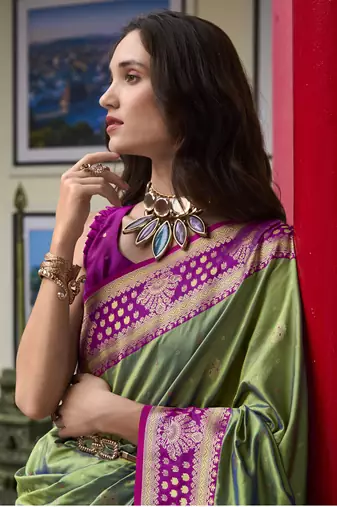 parrot green banarasi silk blend saree with unstitched blouse