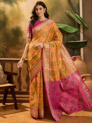 Women's mustard organza zari woven saree with unstitched blouse piece 2