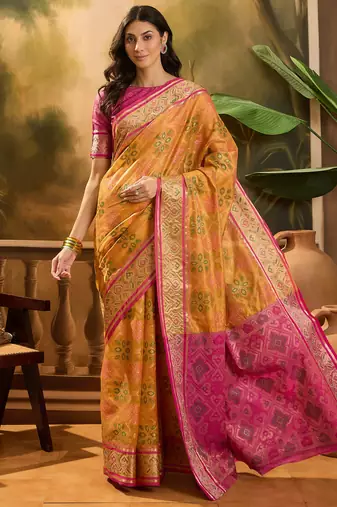 Women's mustard organza zari woven saree with unstitched blouse piece