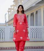 Pink embroidered straight kurta with trouser