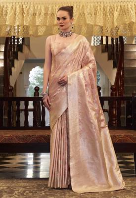 peach satin silk blend saree with unstitched blouse 1