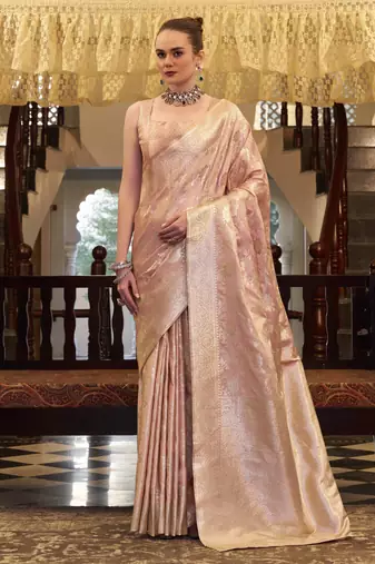 peach satin silk blend saree with unstitched blouse