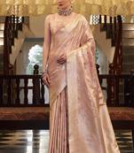peach satin silk blend saree with unstitched blouse