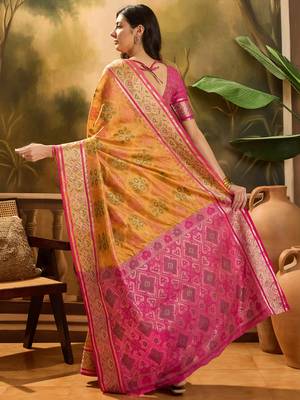 Women's mustard organza zari woven saree with unstitched blouse piece 3