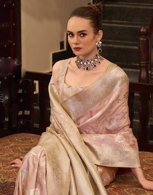 peach satin silk blend saree with unstitched blouse 2