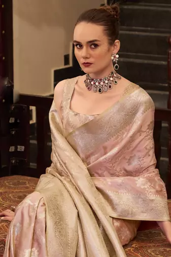 peach satin silk blend saree with unstitched blouse
