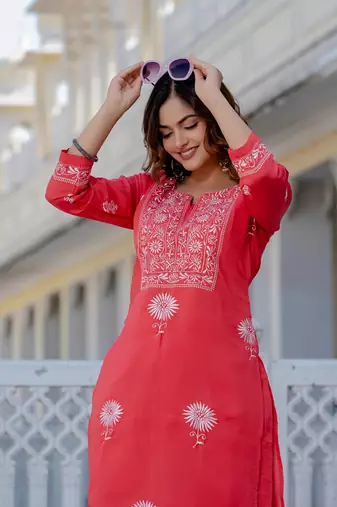 Pink embroidered straight kurta with trouser