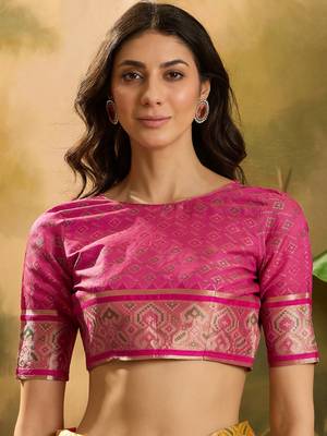 Women's mustard organza zari woven saree with unstitched blouse piece 4