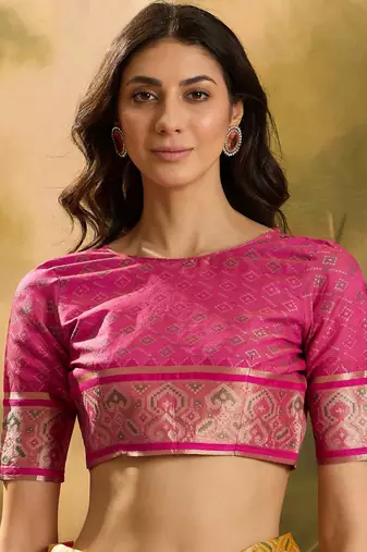 Women's mustard organza zari woven saree with unstitched blouse piece