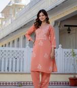 Peach embroidered straight kurta with trouser