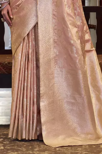peach satin silk blend saree with unstitched blouse