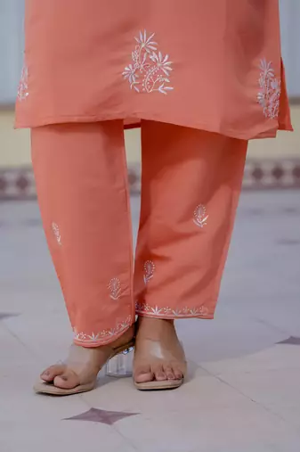 Peach embroidered straight kurta with trouser