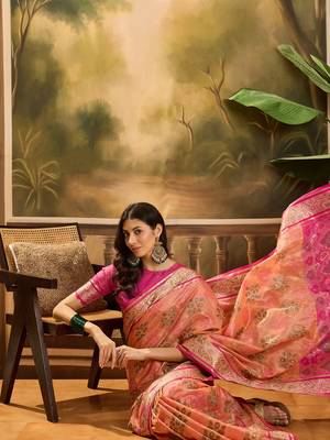 Women's peach organza zari woven saree with unstitched blouse piece 1