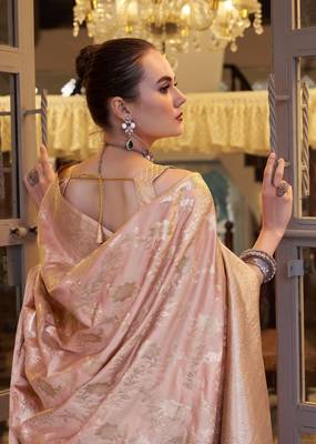 peach satin silk blend saree with unstitched blouse 4