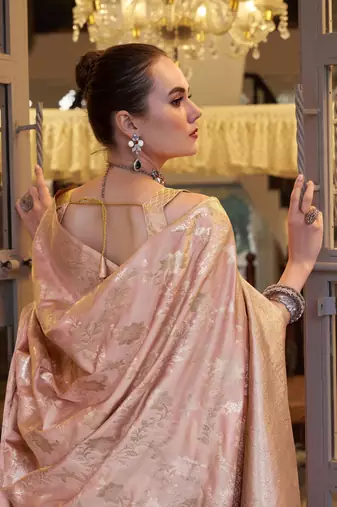 peach satin silk blend saree with unstitched blouse