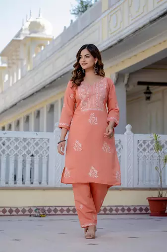 Peach embroidered straight kurta with trouser
