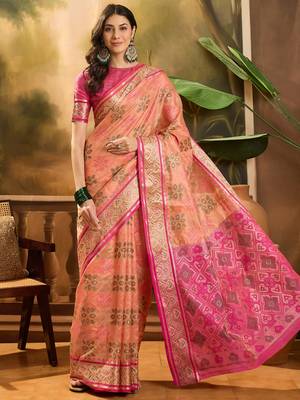 Women's peach organza zari woven saree with unstitched blouse piece 2