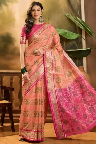 Women's peach organza zari woven saree with unstitched blouse piece