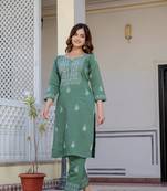 Olive embroidered straight kurta with trouser