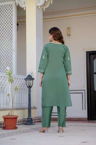 Olive embroidered straight kurta with trouser