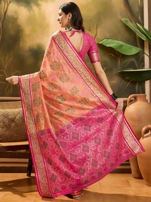 Women's peach organza zari woven saree with unstitched blouse piece 3