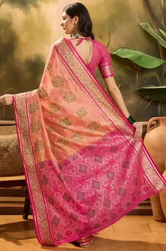 Women's peach organza zari woven saree with unstitched blouse piece