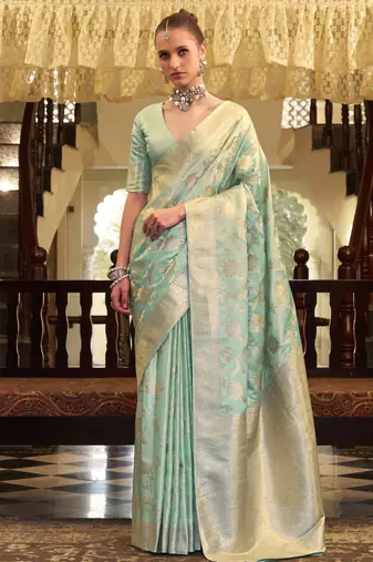 sky blue satin silk blend saree with unstitched blouse