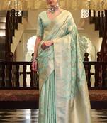 sky blue satin silk blend saree with unstitched blouse