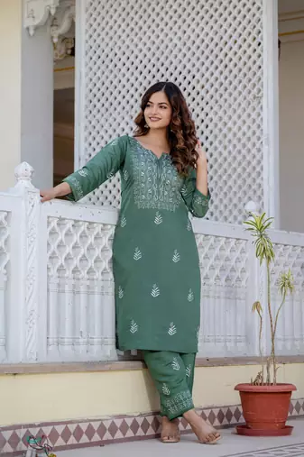 Olive embroidered straight kurta with trouser