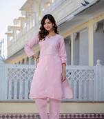 Light pink embroidered straight kurta with trouser