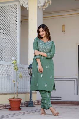 Olive embroidered straight kurta with trouser 4
