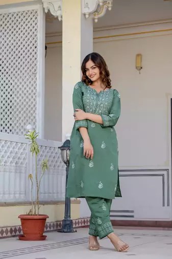 Olive embroidered straight kurta with trouser