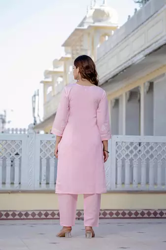 Light pink embroidered straight kurta with trouser