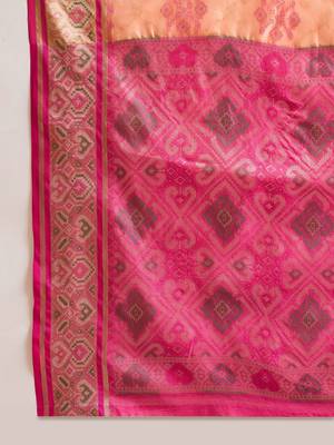 Women's peach organza zari woven saree with unstitched blouse piece 5