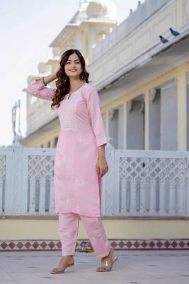 Light pink embroidered straight kurta with trouser 3