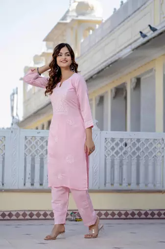 Light pink embroidered straight kurta with trouser