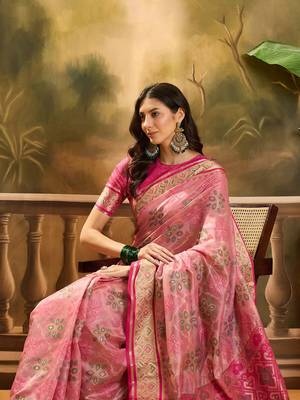 Women's pink organza zari woven saree with unstitched blouse piece 1