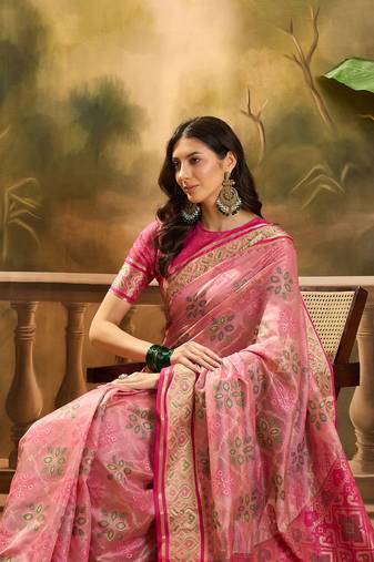Women's pink organza zari woven saree with unstitched blouse piece