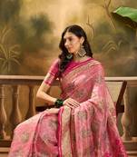 Women's pink organza zari woven saree with unstitched blouse piece